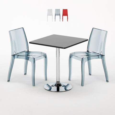 PLATINUM Set Made of a 70x70cm Black Square Table and 2 Colourful Transparent Cristal Light Chairs