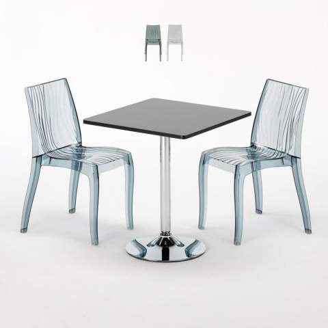 PLATINUM Set Made of a 70x70cm Black Square Table and 2 Colourful Transparent Dune Chairs