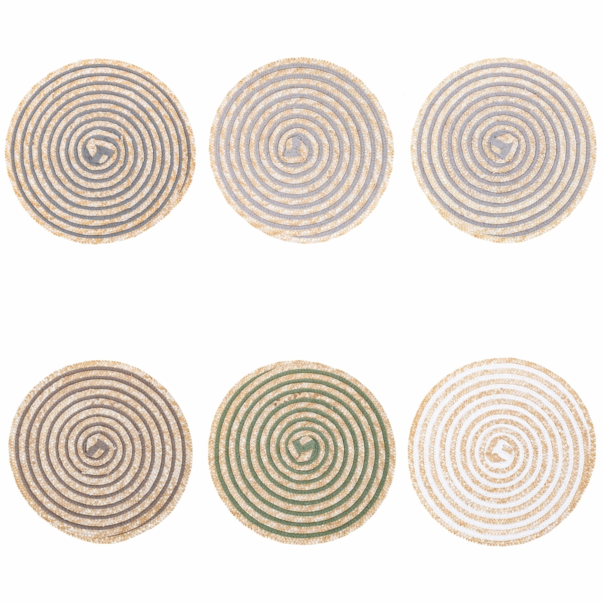 Set of 6 Round Woven Straw Placemats Ø38cm Spiral Stone Promotion