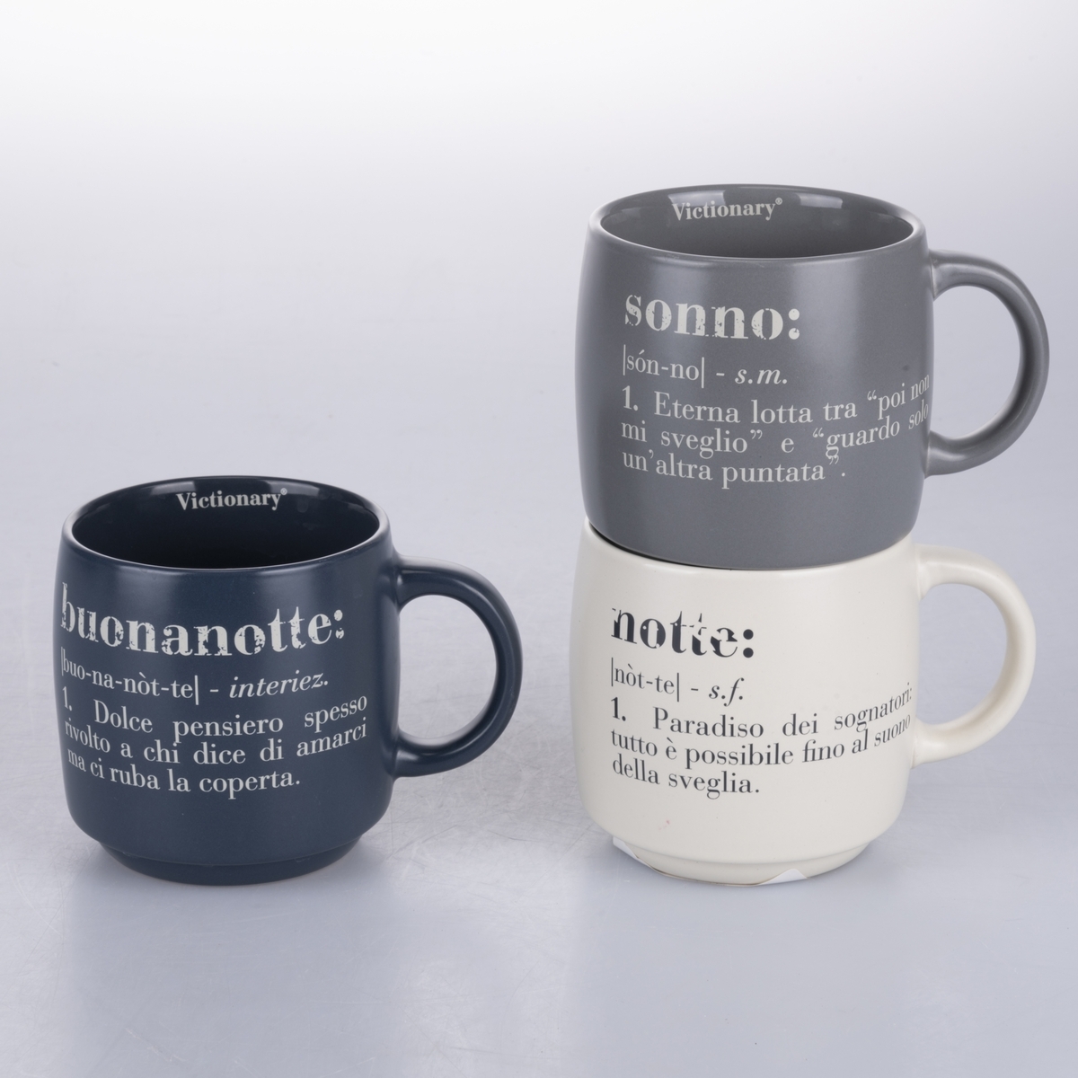 Set of 3 Stackable Stoneware Mugs 350ml with Victionary L Inscriptions Promotion