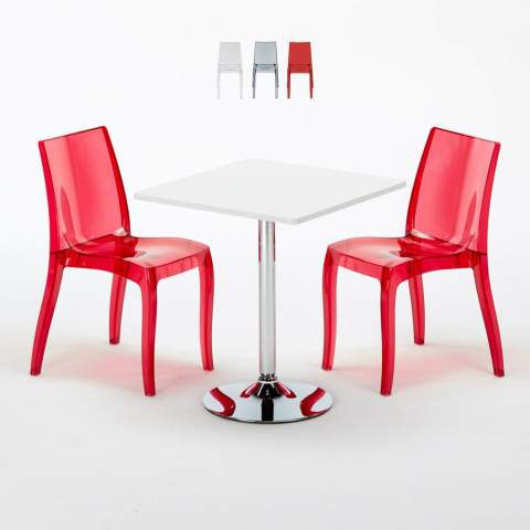 TITANIUM Set Made of a 70x70cm White Square Table and 2 Colourful Transparent Cristal Light Chairs