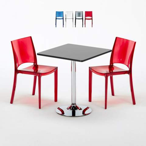 PHANTOM Set Made of a 70x70cm Black Square Table and 2 Colourful Transparent B-Side Chairs