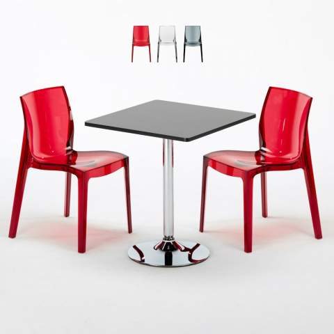PHANTOM Set Made of a 70x70cm Black Square Table and 2 Colourful Transparent Femme Fatale Chairs