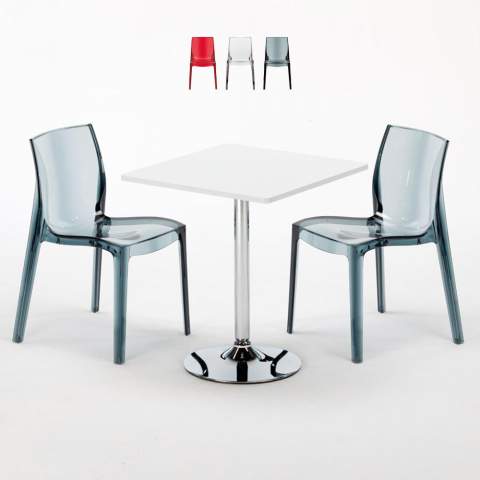DEMON Set Made of a 70x70cm White Square Table and 2 Colourful Transparent Femme Fatale Chairs
