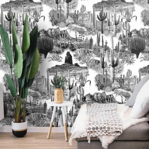 Modern adhesive wallpaper black white for living room Cactus Promotion