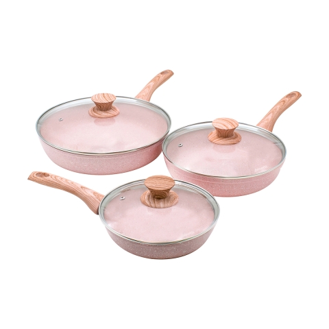3 piece non-stick frying pan set in pink granite effect aluminum Stonerose Promotion