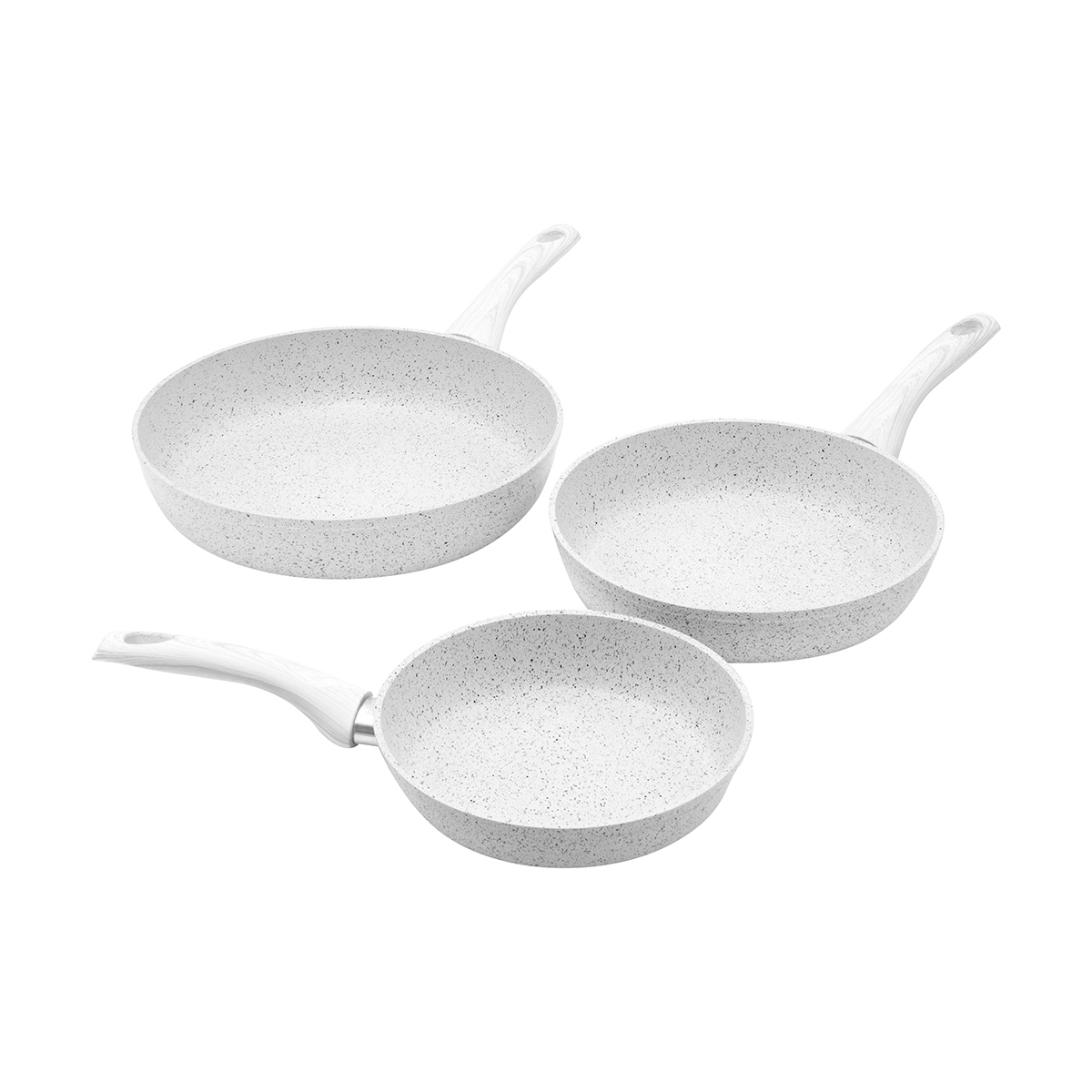 Set of 3 Non-Stick Frying Pans with White Wood Handle Bisetti Stonewhite