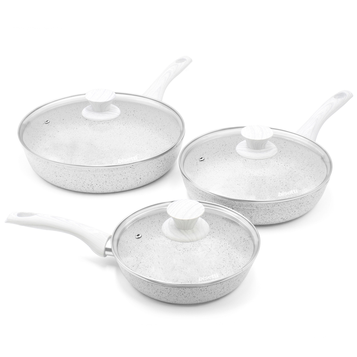 Set of 3 Non-Stick Aluminum Frying Pans with Lids, Bisetti Stonewhite