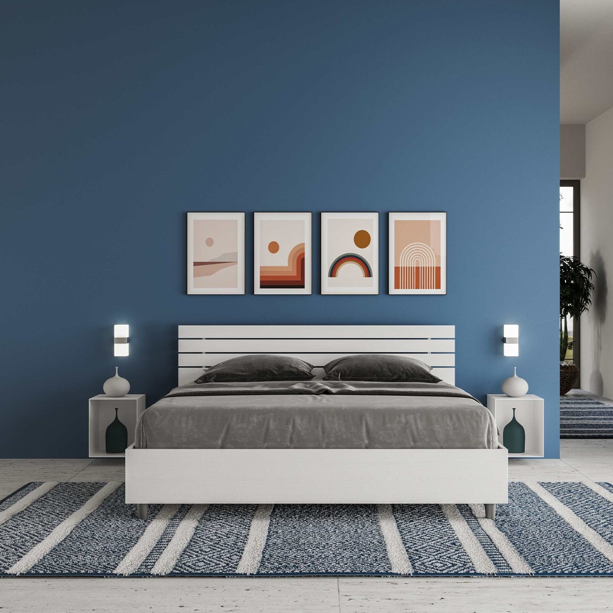 White Wooden Queen Bed 160x190cm with Slats and Ankel Headboard Promotion