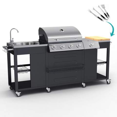 Beefmaster Gas grill made of stainless steel with 4+1 burners grill and sink