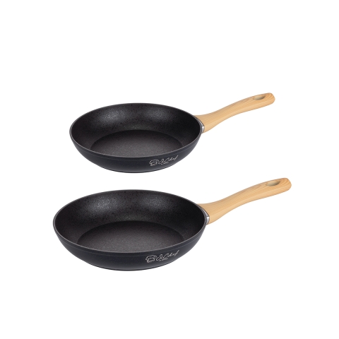 Set of 2 Non-Stick Black Aluminum Pans with Wooden Handle Fuji Promotion