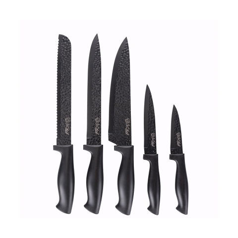 Black Knife Block with 5 Hammered Stainless Steel Knives Piko Promotion