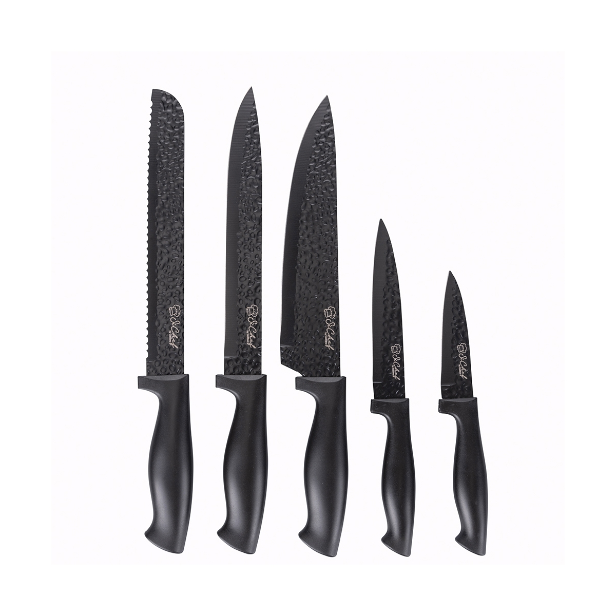 Black Knife Block with 5 Hammered Stainless Steel Knives Piko Promotion
