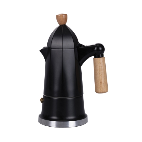Black Aluminum Moka Coffee Maker, 6 Cups, Wooden Handle, Industry Promotion