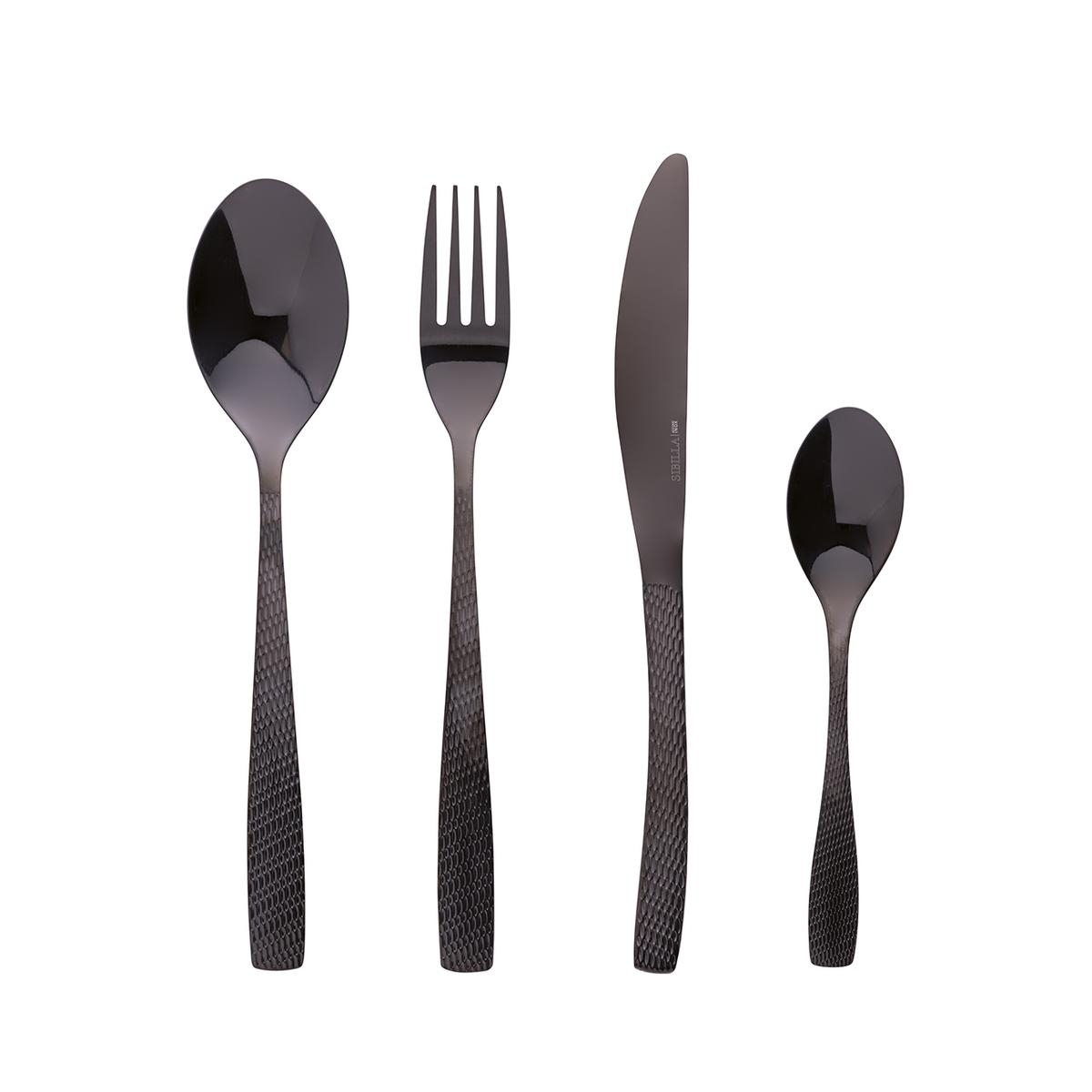 16-Piece Black Glossy Stainless Steel Cutlery Set with Hammered Handle Harlem Promotion