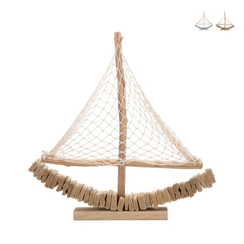 Wooden Sailboat Sculpture with Fabric Net 45x45x7cm Enok Promotion