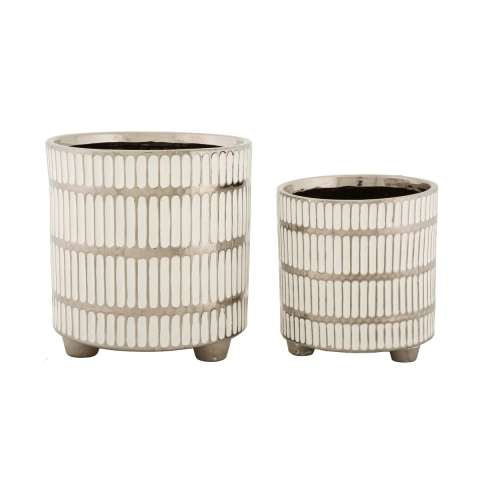 Set of 2 White Ceramic Vases with Silver Accents - Ray Promotion
