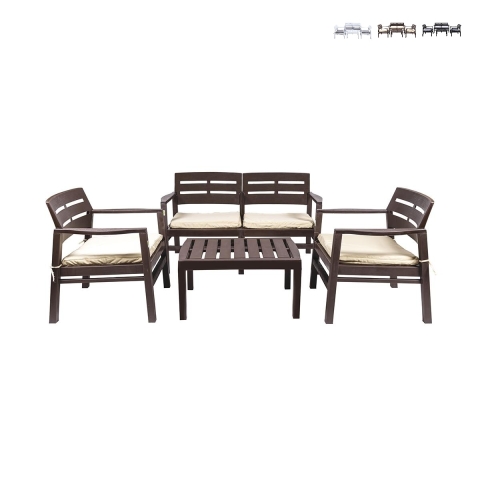 Outdoor Garden Lounge Set: Sofa, 2 Armchairs, Coffee Table, Wood Effect Fij Promotion