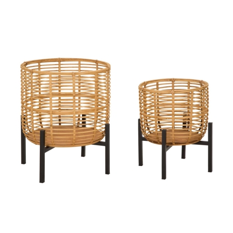 Set of 2 Round Rattan Plant Stands with Black Metal Base Zeyok Promotion