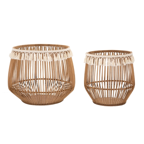 Set of 2 Round Storage Baskets in Rattan and Fabric Fuji Promotion