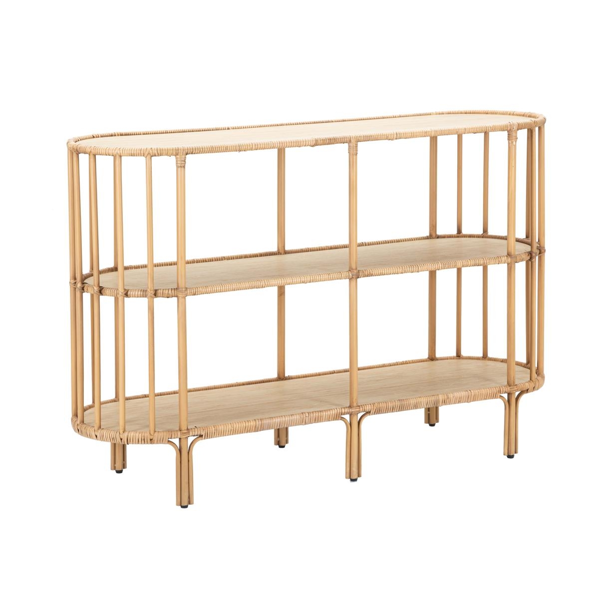 Boho Chic Entryway Console Table with 3 Shelves in Metal and Rattan - Panama