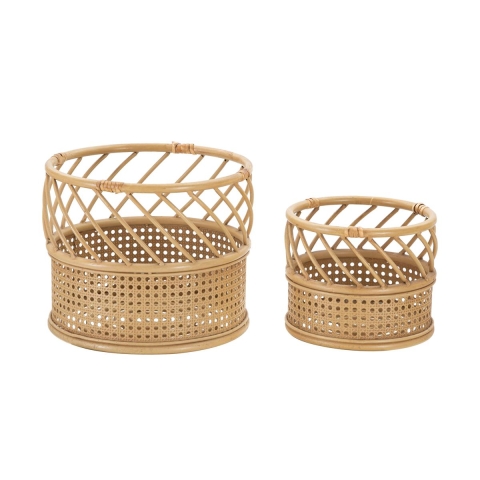 Set of 2 Round Metal and Rattan Plant Stands Panama Promotion