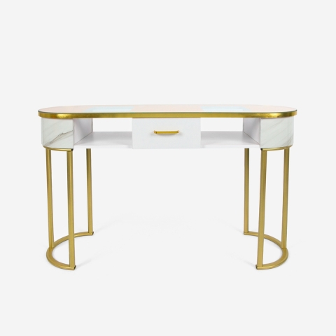 "Jess Beauty Table Console with Glass and Gold Metal, Marble Effect" Promotion