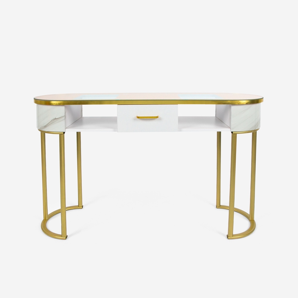 "Jess Beauty Table Console with Glass and Gold Metal, Marble Effect" Promotion