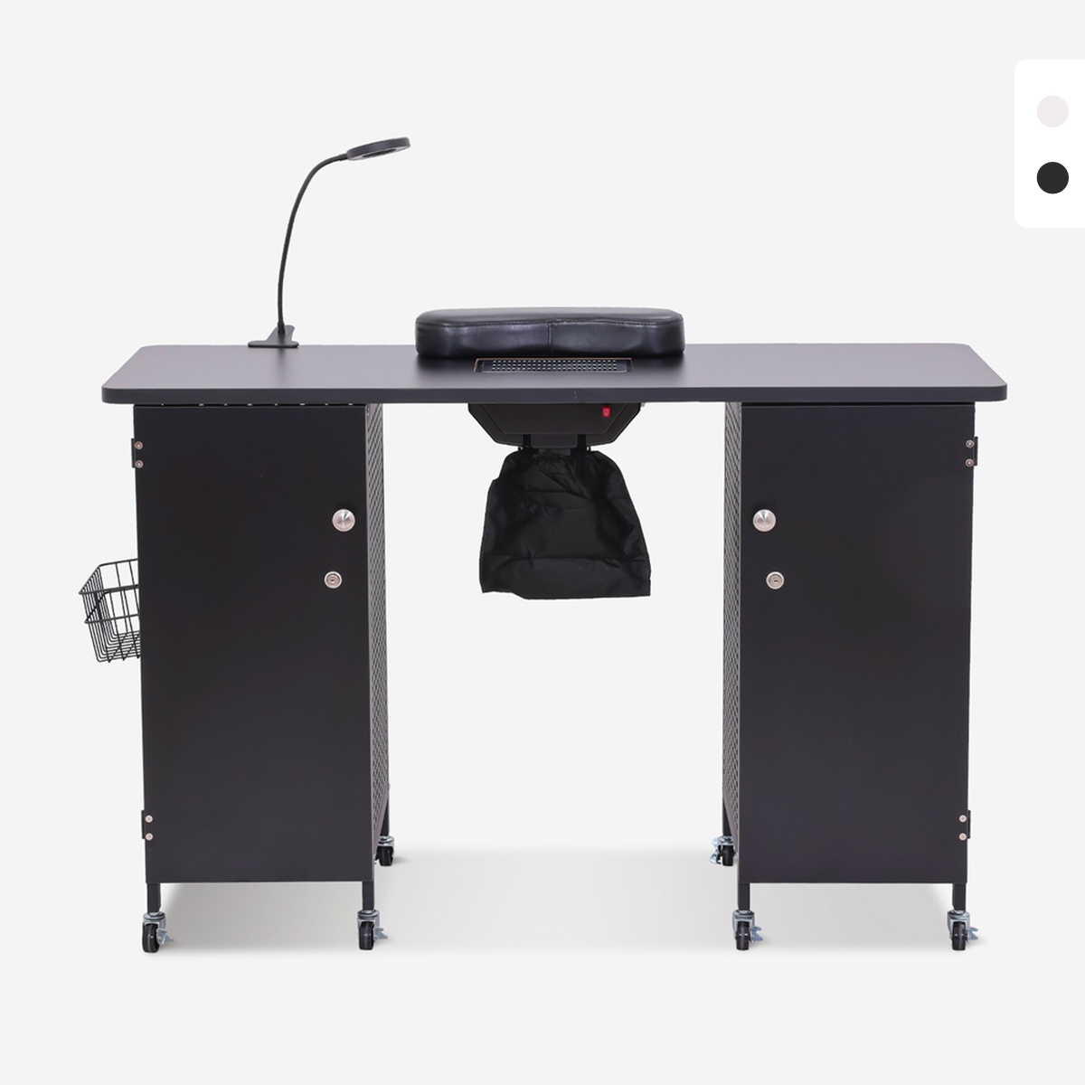 White and Black Manicure Table with Wheels, Extractor, and Lamp Talos Promotion