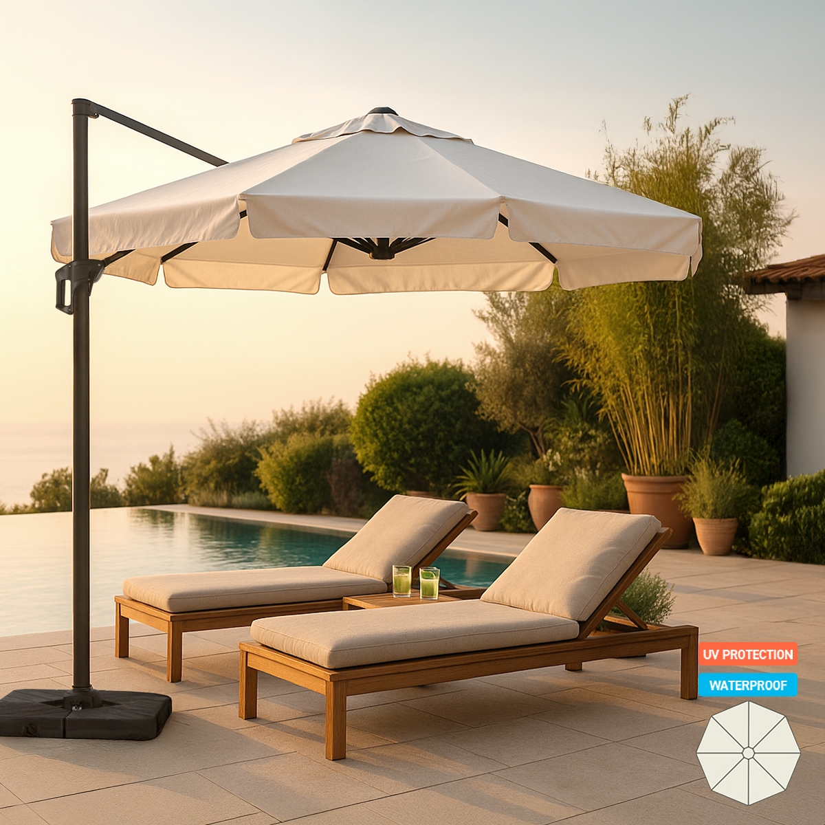 Boracay Offset Cantilever Patio Umbrella 3x3m with Side Pole Promotion