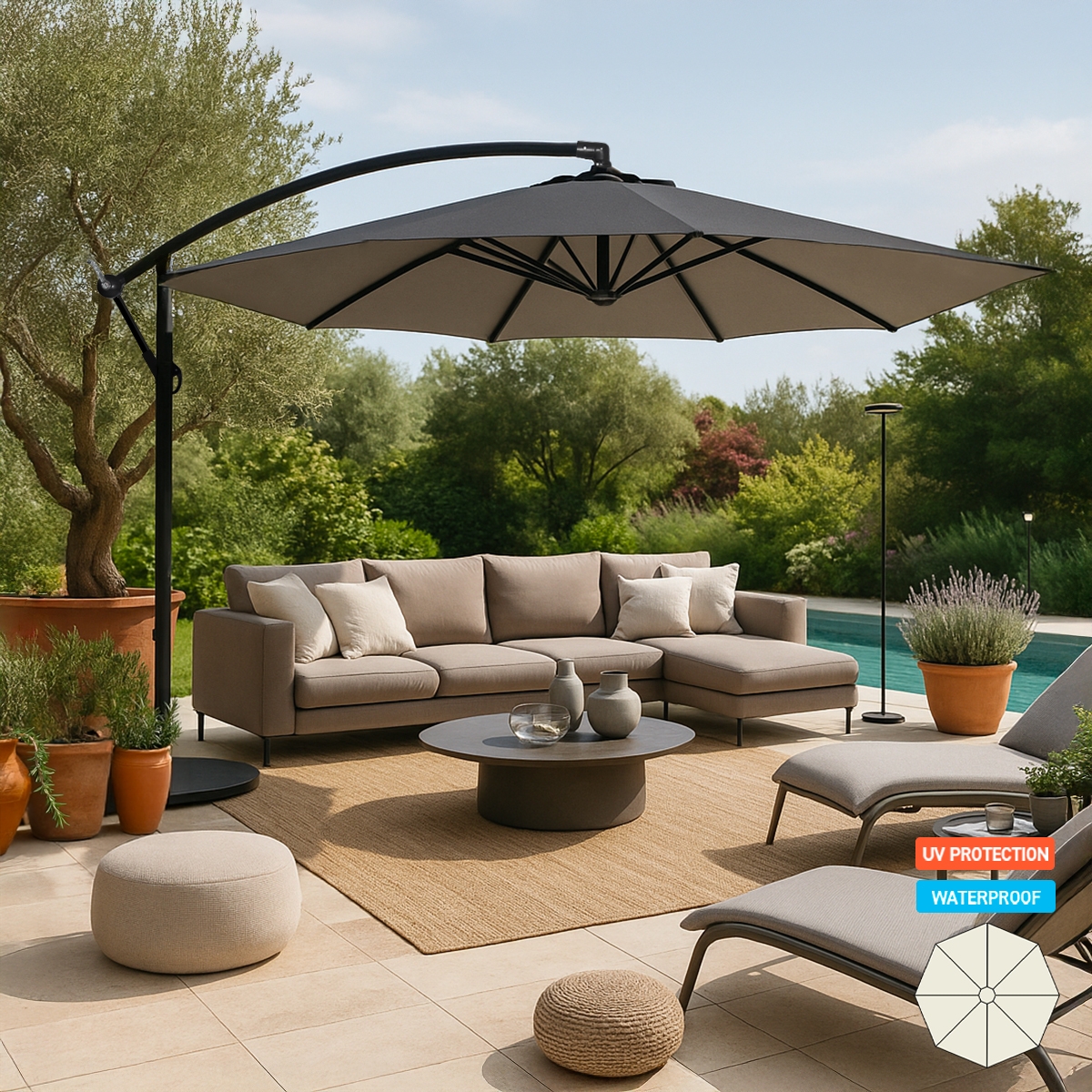 Octagonal Garden side arm umbrella 3 metres in aluminium for bar hotel Fan Noir Promotion