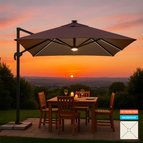 Decentralized pole umbrella with adjustable arm with 3x3m Led solar light Paradise Brown Light Promotion