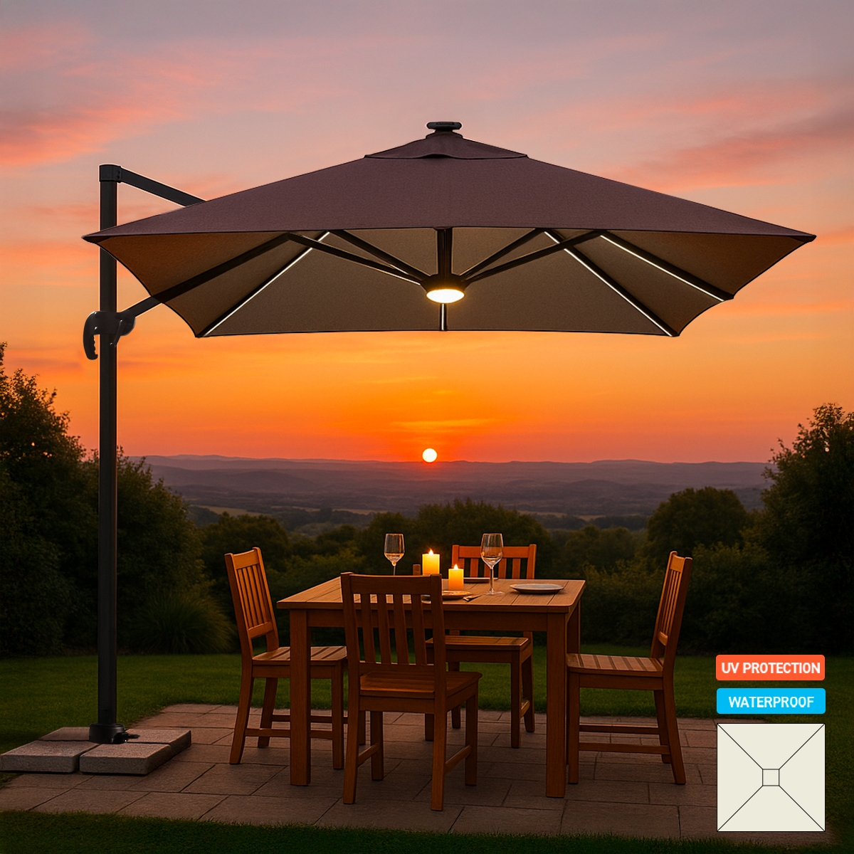 Decentralized pole umbrella with adjustable arm with 3x3m Led solar light Paradise Brown Light Promotion