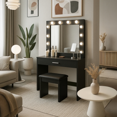 Gaia Black Makeup Vanity with LED Bulbs, Mirror, and Stool Promotion