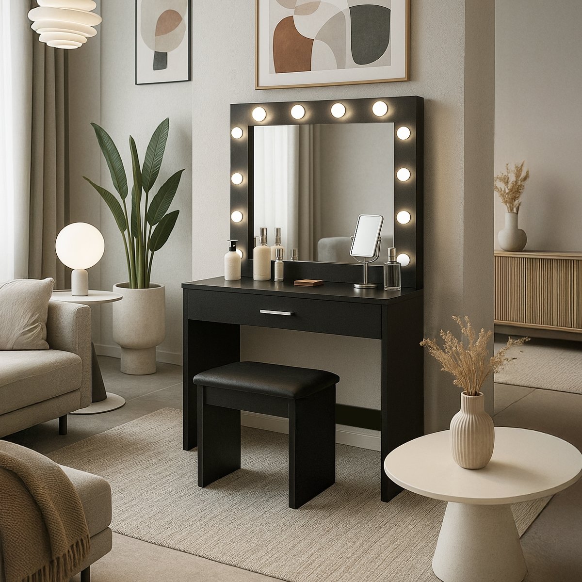 Gaia Black Makeup Vanity with LED Bulbs, Mirror, and Stool Promotion