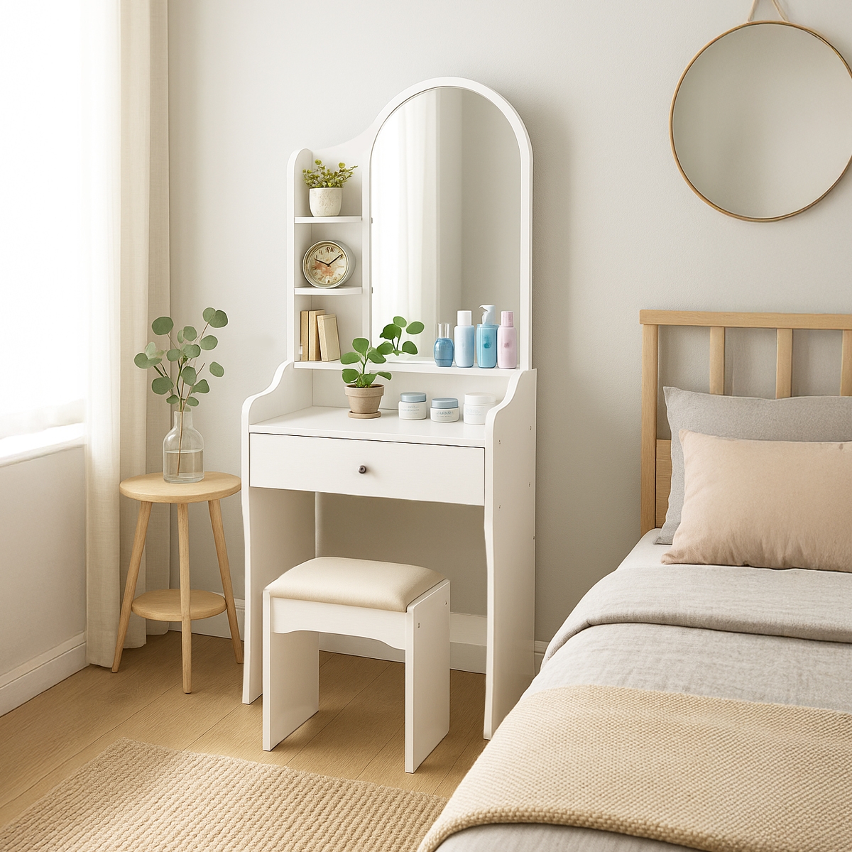 Flora Makeup Vanity Set with Mirror and Stool for Bedroom Promotion