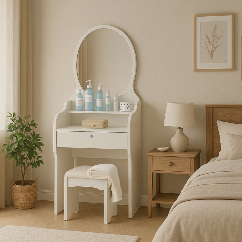 Katrina Bedroom Vanity Makeup Table with Mirror and Stool Promotion