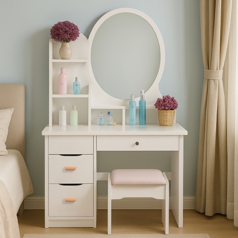 Babette Makeup Vanity Set with Round Mirror and Stool for Bedroom Promotion