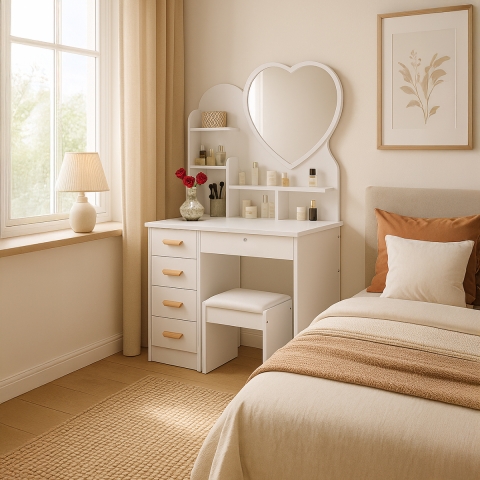 Clara Heart Mirror Vanity Table with Stool for Bedroom Promotion