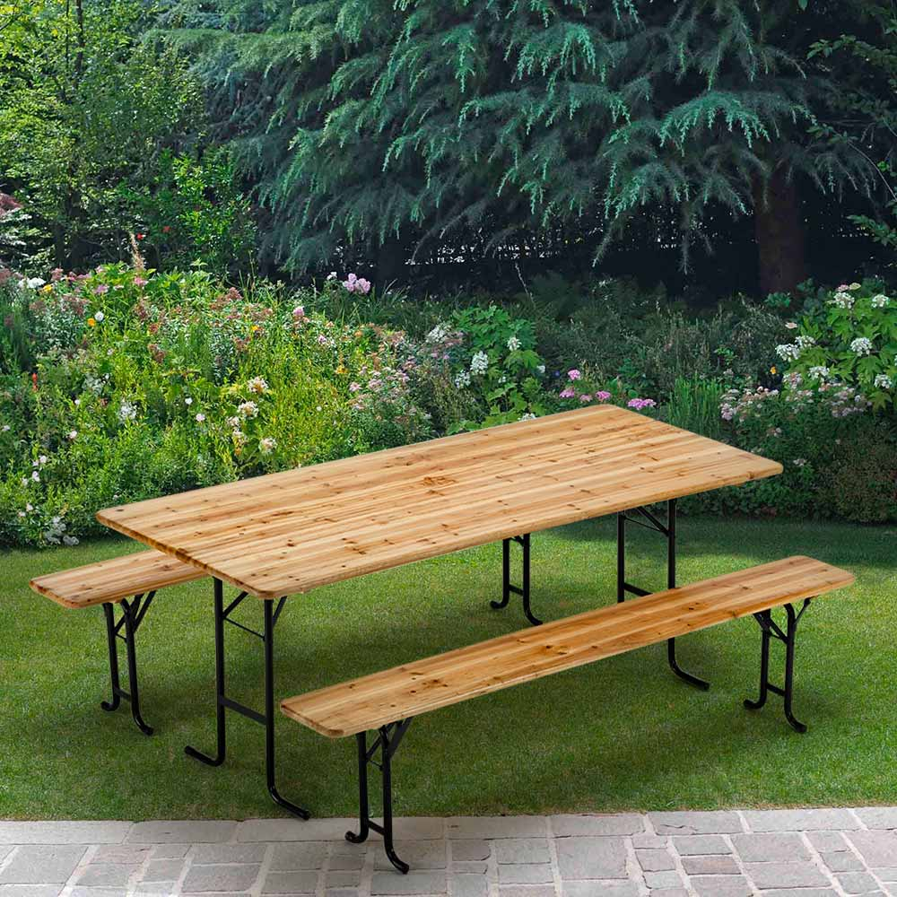 Set Of Dining Outdoors Wooden Two Legged Benches And Table 220x80