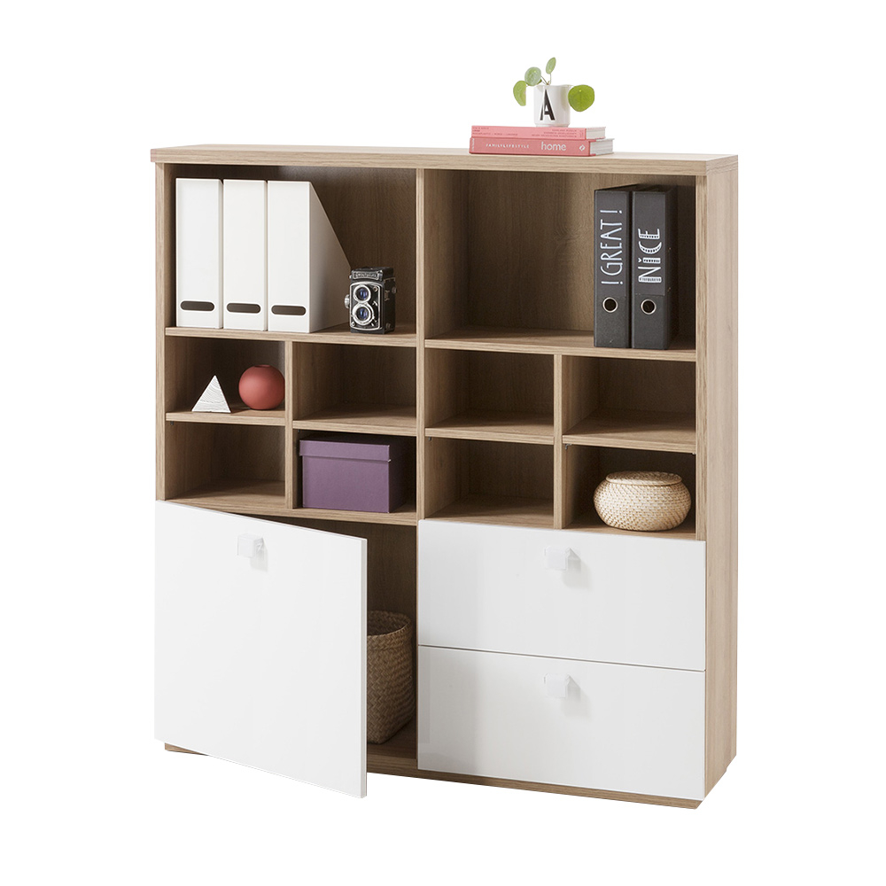 Modern Wooden Bookshelves White Lacquered With Open Compartments And Sliding Drawers For Living Room And Office Aurora