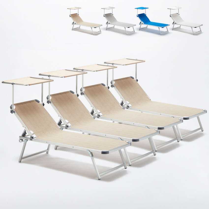 Set of 4 Aluminium Beach and Sea Sunbeds with Canopy Neptune