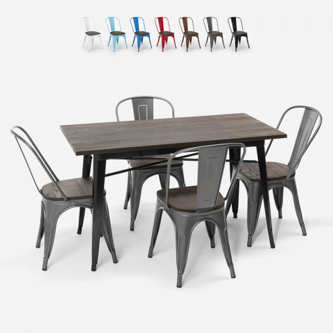 rectangular table set 120 x 60 with 4 chairs in steel and wood industrial style ralph Promotion