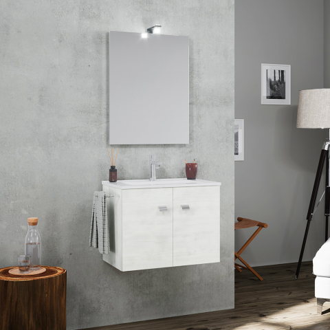 Bathroom cabinet suspended base 2 doors mirror LED lamp ceramic washbasin towel holder Vanern
