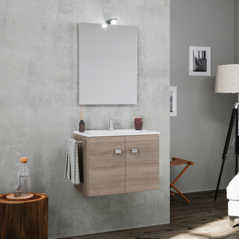 Bathroom cabinet suspended base 2 doors ceramic sink towel holder mirror LED lamp Vanern Oak