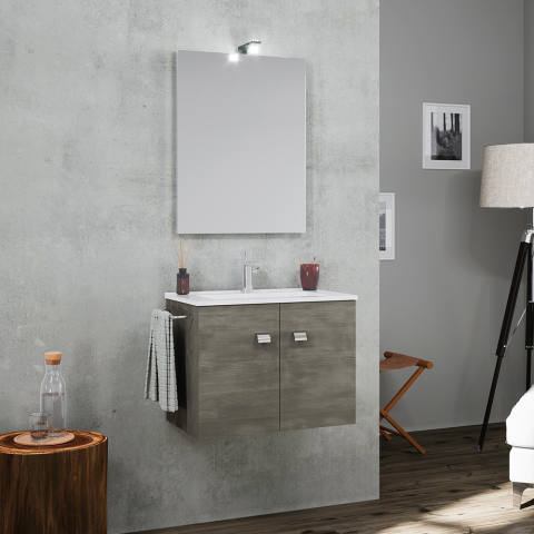 Bathroom cabinet suspended base 2 doors towel holder sink ceramic mirror LED lamp Vanern Noir