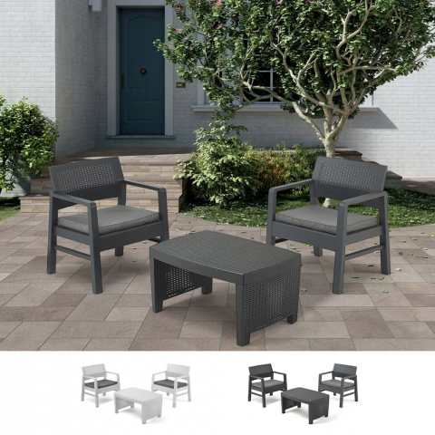 Outdoor rattan lounge set garden table 2 armchairs cushions Progarden Tambo Promotion