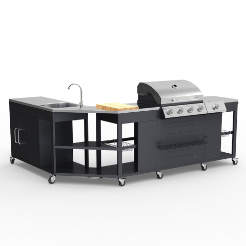 Barbecue BBQ corner gas stainless steel 4 + 1 burners rack sink shelves Mustard De