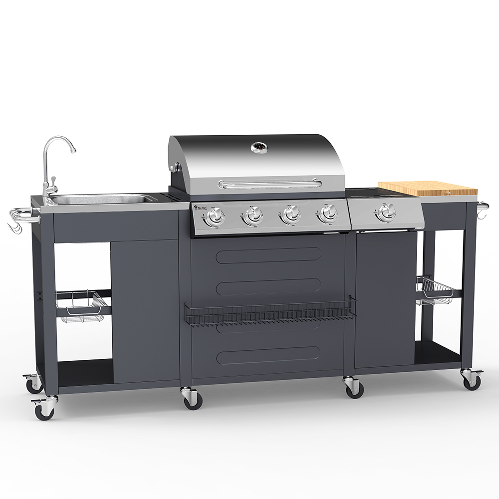 Stainless Steel Gas Barbecue BBQ with 4+1 Burners, Sink, Shelves, Rack Tartara De