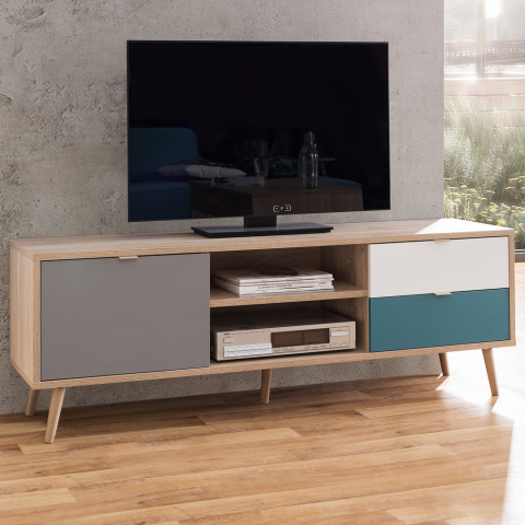 Scandinavian design TV stand 2 drawers with open compartment door in wood Glabas